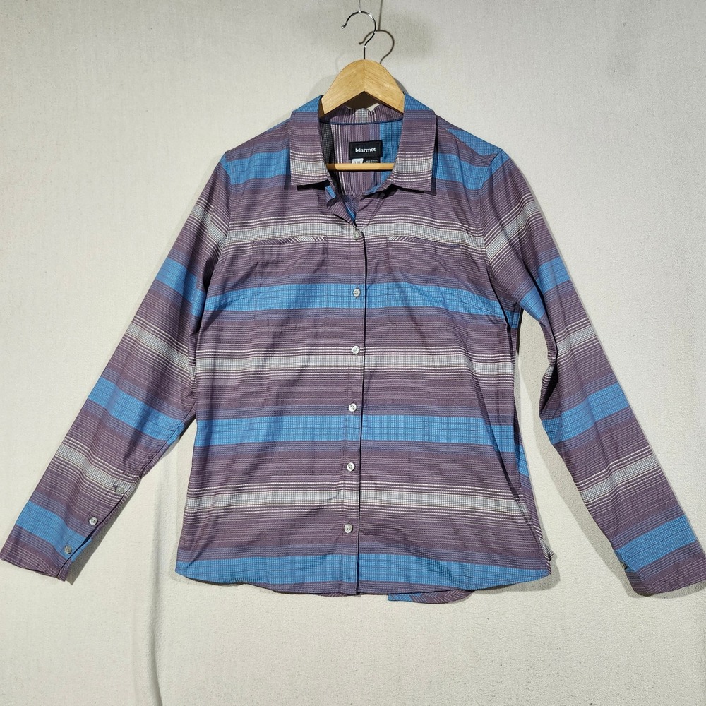 Marmot Womens Large Purple Blue Striped Chevron Long Sleeve Hiking Shirt SCC-492